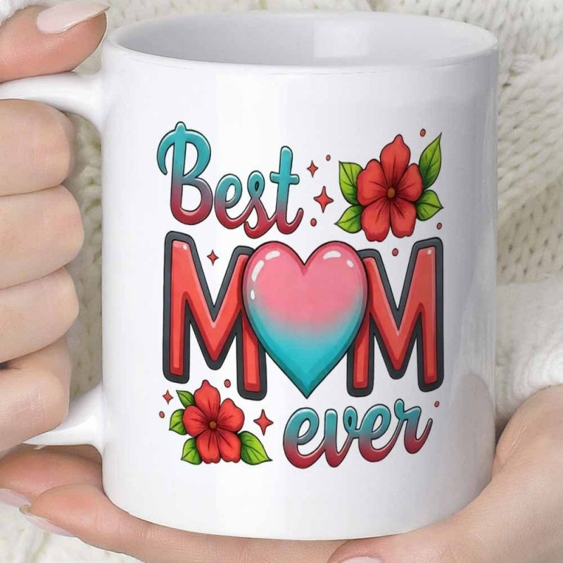 Tailorly White Ceramic 11 oz Mug - Best Mom Ever Vibrant Blooming Flowers With Green Leaves And Stars Surrounding A Colorful Gradient Heart