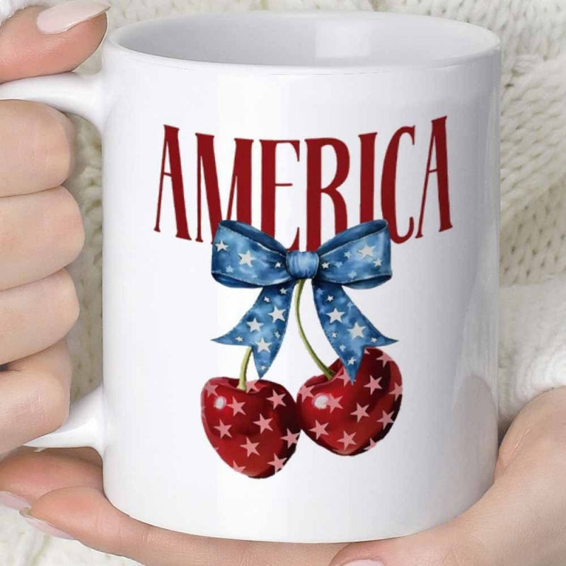 Tailorly White Ceramic 11 oz Mug - America Patriotic Red Fruits Adorned With Blue Starry Bow And Stars Cherries