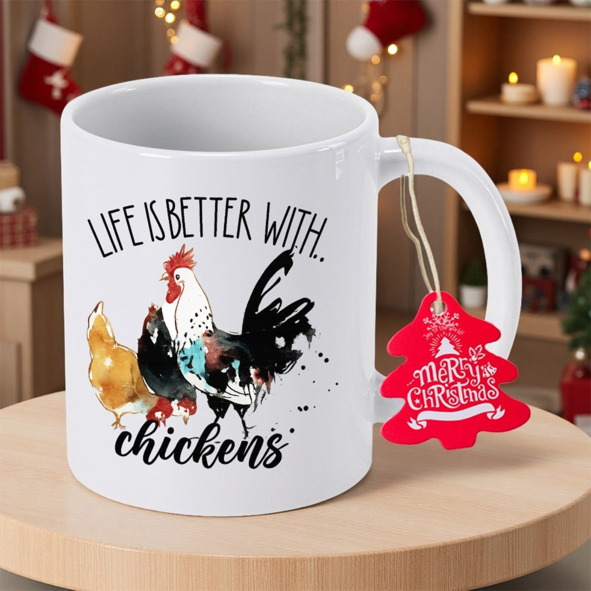 Tailorly White Ceramic 11 oz Mug - Life Is Better With Chickens Charming Farmhouse Watercolor Illustration Of Three Birds For Country Kitchen Chicken