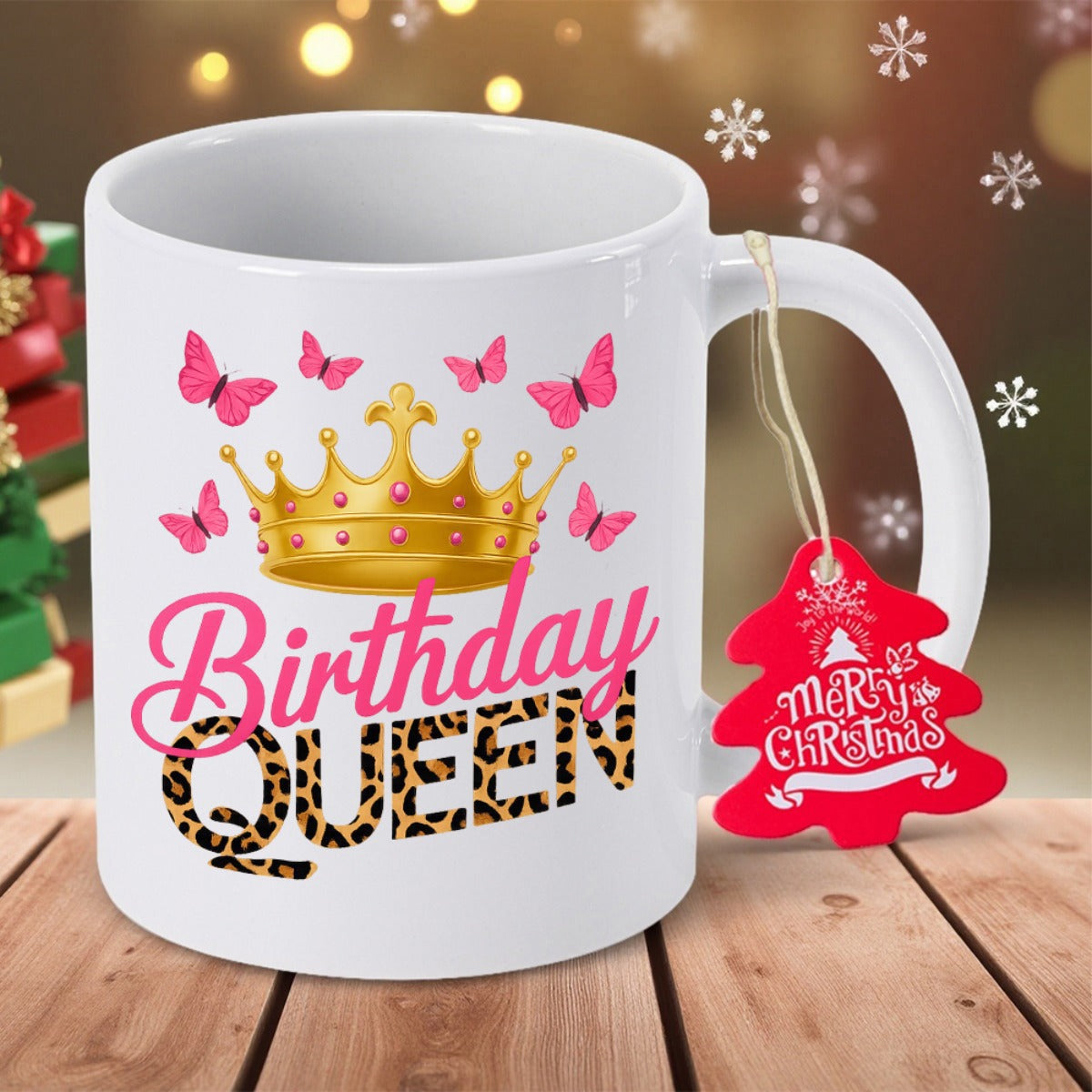 Tailorly White Ceramic 11 oz Mug - Birthday Queen Elegant Golden Crown Surrounded By Delicate Pink Butterflies Crown