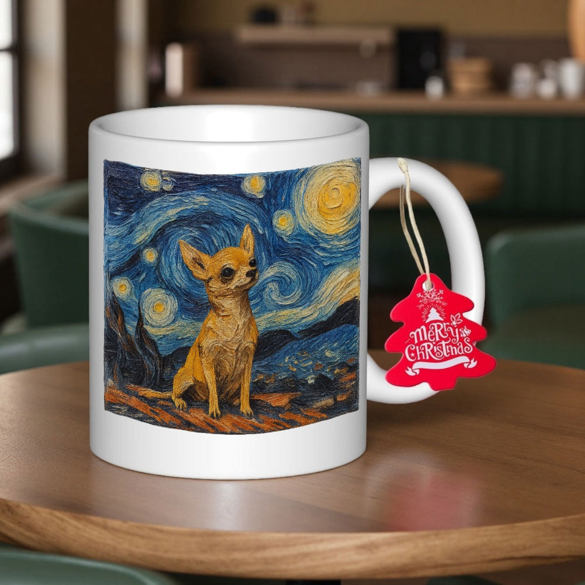 Tailorly White Ceramic 11 oz Mug - Merry Christmas Swirling Starry Night Artistic Sky Background Featuring A Tiny Alert Chihuahua