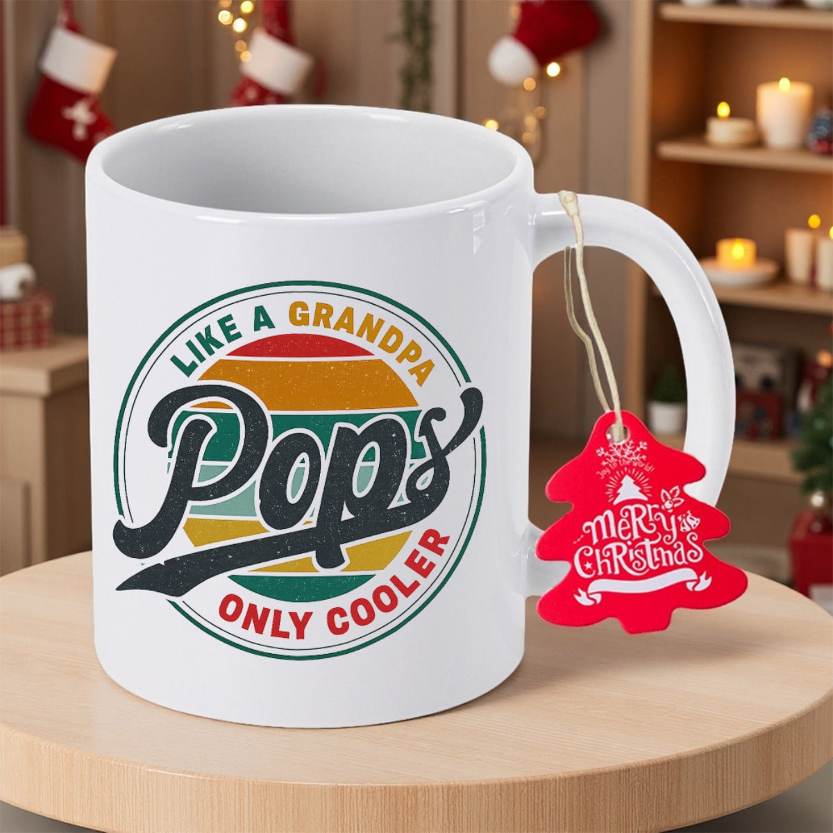 Tailorly White Ceramic 11 oz Mug - Pops Like A Grandpa Only Cooler Vintage Retro Sunset Circle With Vibrant Multi Colored Horizontal Stripes Mug