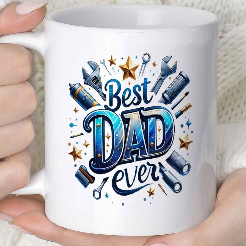 Tailorly White Ceramic 11 oz Mug - Best Dad Ever Industrial Workshop Tools With Golden Stars And Glowing Blue Lettering Mechanical Tool