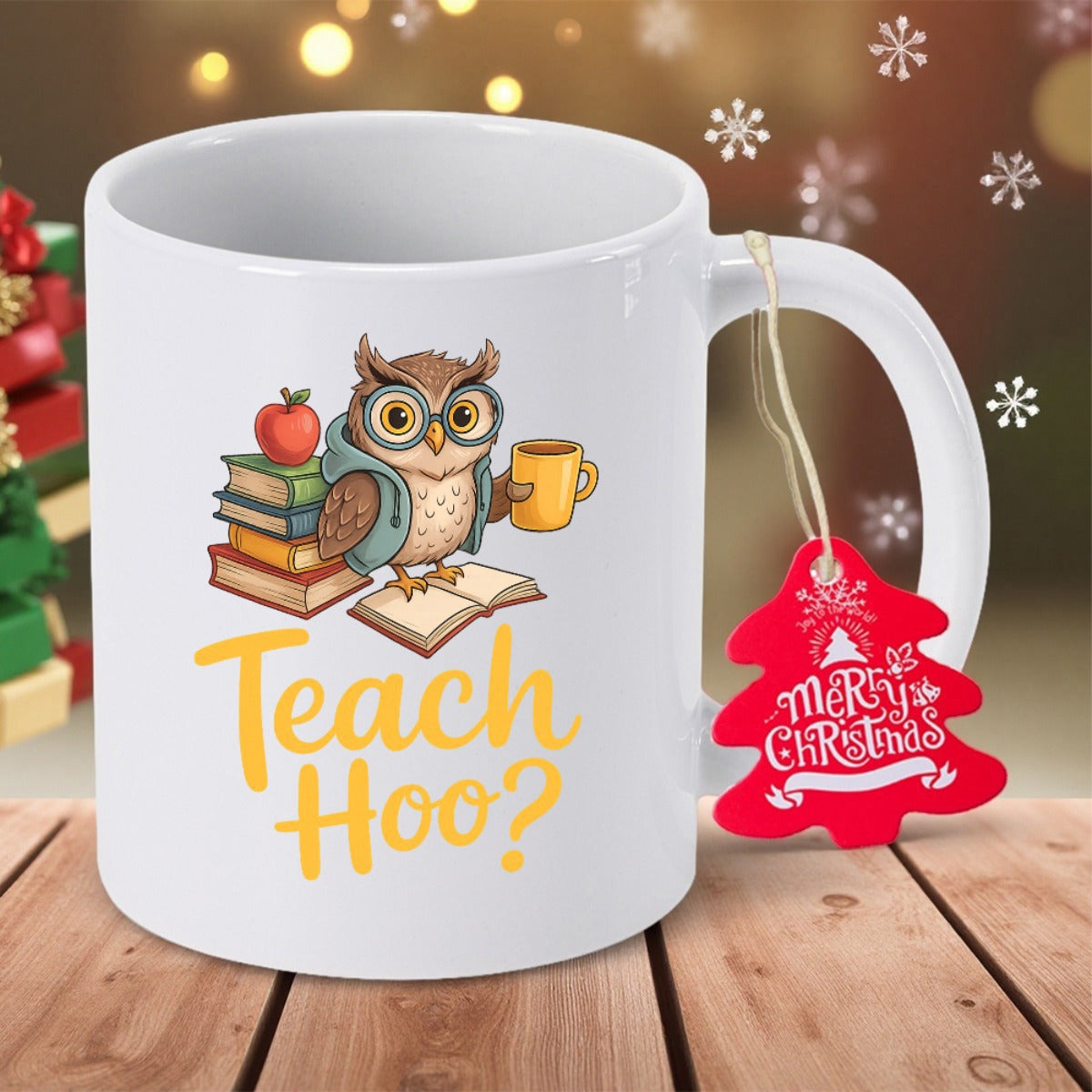 Tailorly White Ceramic 11 oz Mug - Teach Hoo Merry Christmas Wise Teacher Wearing Large Glasses Holding Coffee Cup Beside Stacked Books Owl