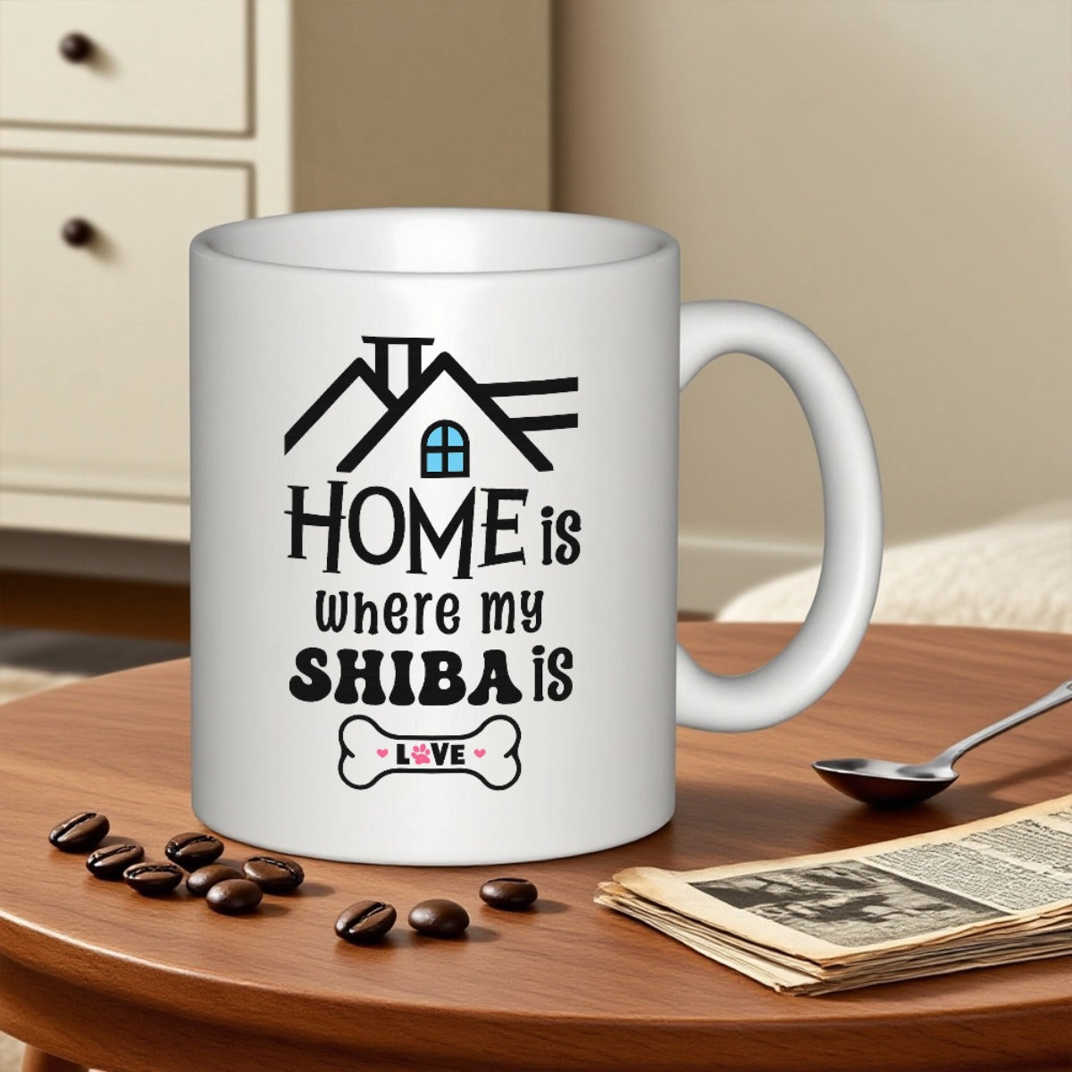 Tailorly White Ceramic 11 oz Mug - Home Is Where My Shiba Is Minimalist House Outline Featuring A Cute Small Heart Decorated Bone Dog