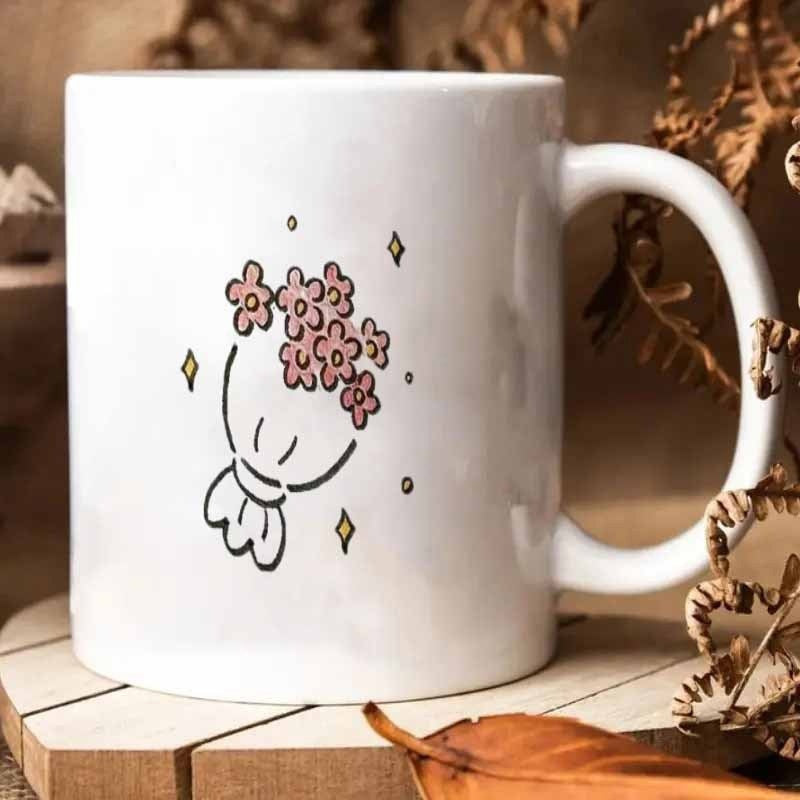 Tailorly White Ceramic 11 oz Mug - Elegant Minimalist Pink Flowers Wrapped In Paper Among Twinkling Stars Bouquet