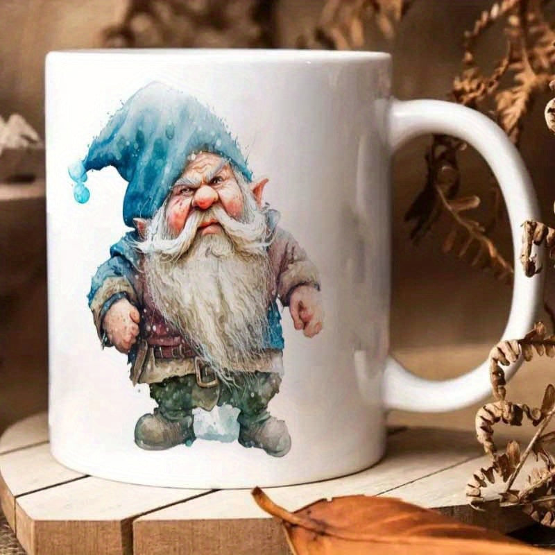 Tailorly White Ceramic 11 oz Mug - Tiny Grumpy Garden Figure Wearing Blue Pointed Hat With Long White Beard Gnome