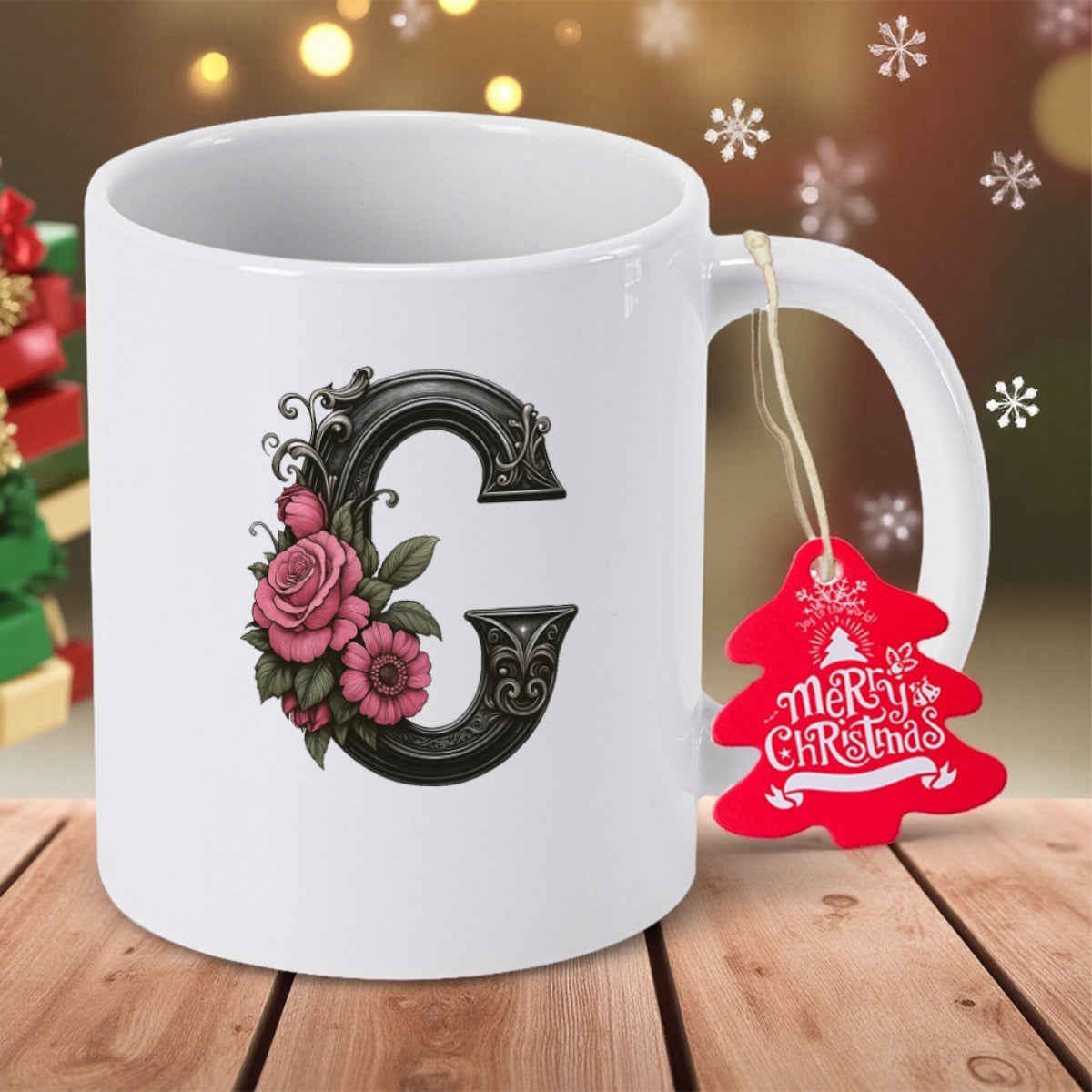 Tailorly White Ceramic 11 oz Mug - Merry Christmas Ornate Black Letter C With Elegant Pink Roses And Green Foliage Monogram