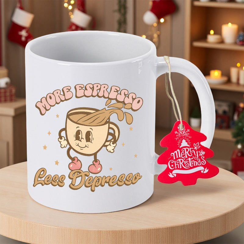 Tailorly White Ceramic 11 oz Mug - More Espresso Less Depresso Retro Cartoon Character With Splashing Coffee And A Friendly Smile Cup
