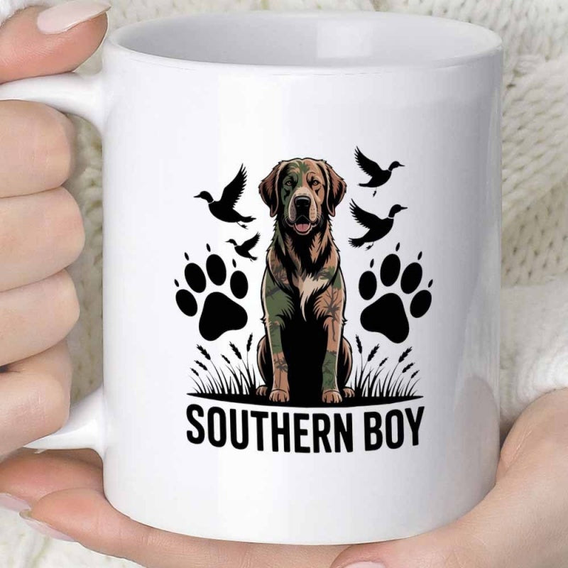 Tailorly White Ceramic 11 oz Mug - Southern Boy Camouflage Hunting Dog Among Flying Ducks And Paw Prints Dog