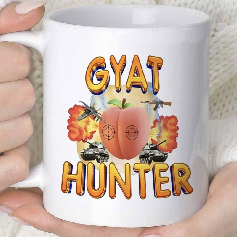 Tailorly White Ceramic 11 oz Mug - Gyat Hunter Explosive Battle Scenes With Tanks And Jets Surrounding Peach