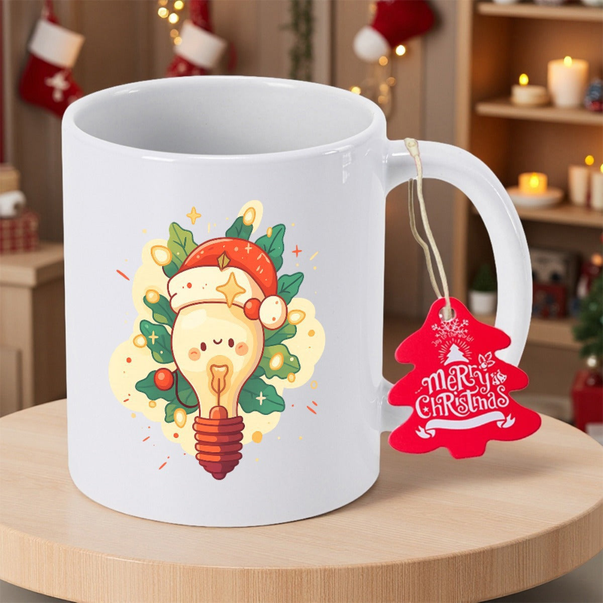 Tailorly White Ceramic 11 oz Mug - Merry Christmas Glowing Festive Lightbulb Wearing Santa Hat Among Green Holly Leaves Lightbulb