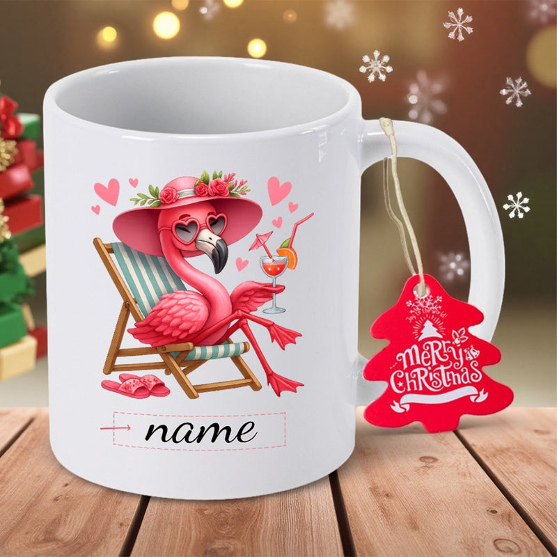 Tailorly White Ceramic 11 oz Mug - Name Merry Christmas Stylish Pink Flamingo Relaxing On Beach Chair With Cocktail And Hearts Flamingo