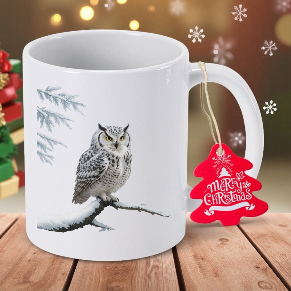 Tailorly White Ceramic 11 oz Mug - Merry Christmas Majestic Snowy Owl Perched Upon A Snow Covered Winter Branch Owl