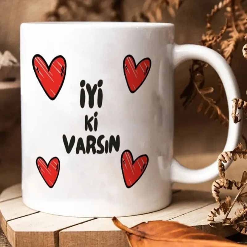 Tailorly White Ceramic 11 oz Mug - Vibrant Hand Drawn Style Red Icons Floating Among Romantic Heart