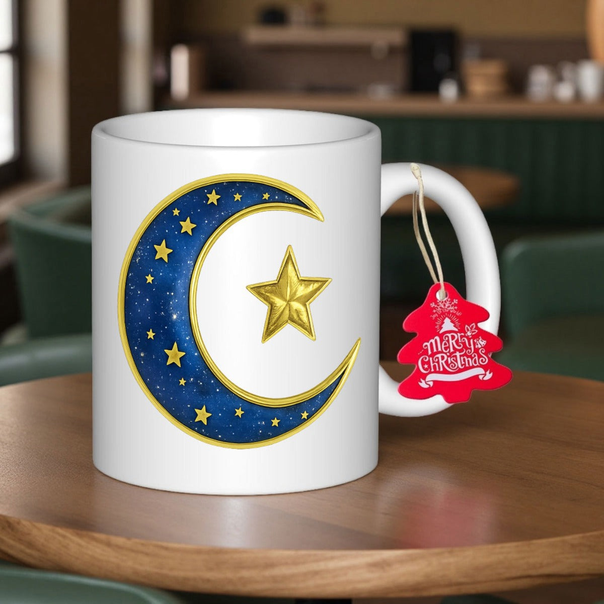 Tailorly White Ceramic 11 oz Mug - Golden Crescent Filled With Sparkling Tiny Stars Beside A Radiant Star Moon