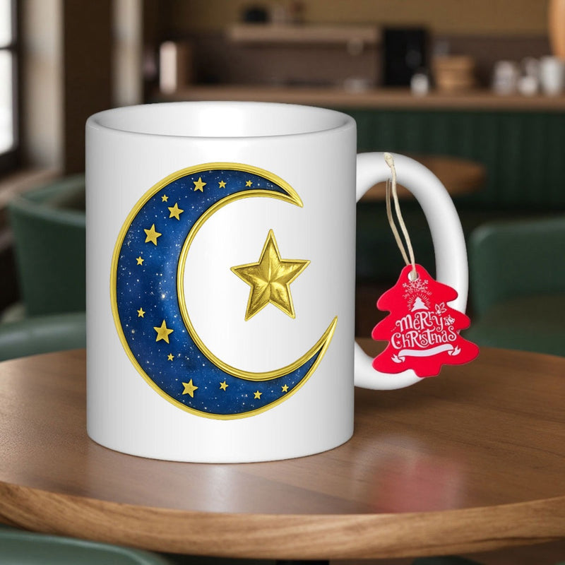 Tailorly White Ceramic 11 oz Mug - Golden Crescent Filled With Sparkling Tiny Stars Beside A Radiant Star Moon