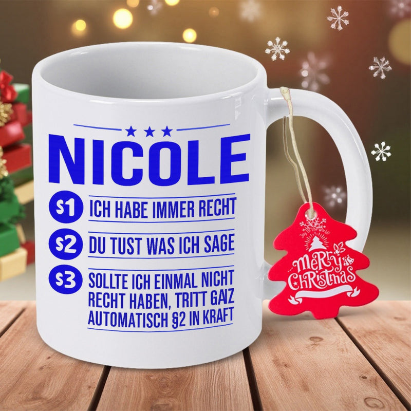 Tailorly White Ceramic 11 oz Mug - Nicole Merry Christmas Featuring Bold Blue Lettering And Holiday Tag Mug