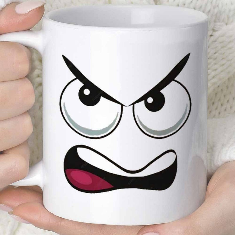 Tailorly White Ceramic 11 oz Mug - Fierce Angry Expression With Sharp Eyebrows And Wide Open Grumpy Mouth Face