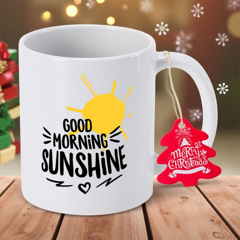 Tailorly White Ceramic 11 oz Mug - Good Morning Sunshine Hand Drawn Yellow Sun With Radiant Rays And Heart Sun