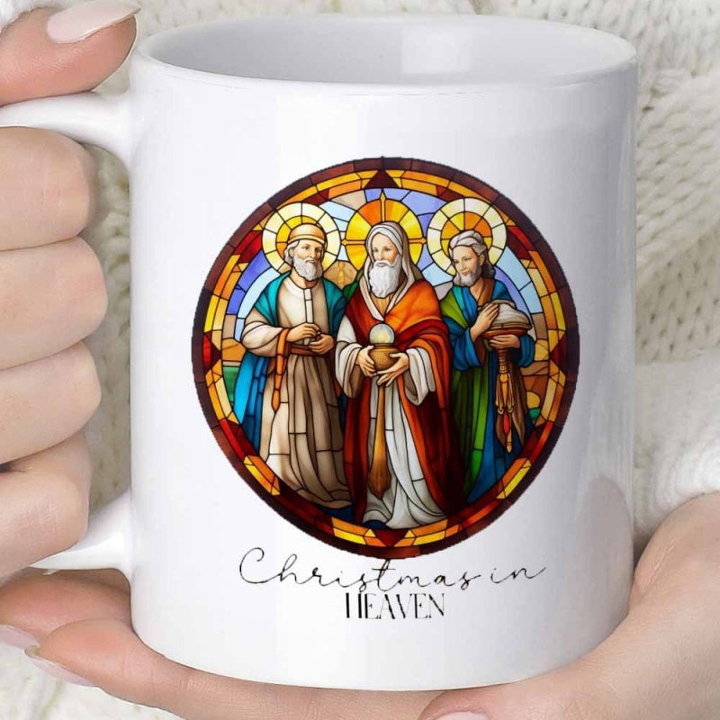 Tailorly White Ceramic 11 oz Mug - Christmas In Heaven Ornate Circular Cathedral Window Design With Holy Three Saints