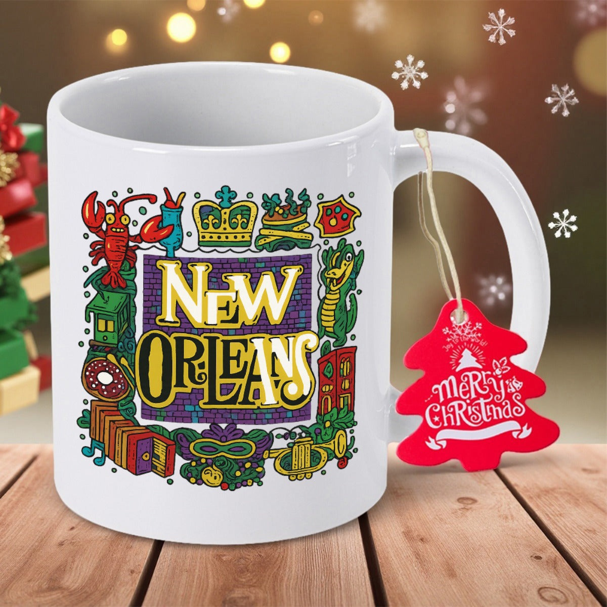 Tailorly White Ceramic 11 oz Mug - New Orleans Festive Cultural Icons Surrounding Vibrant Golden Text City