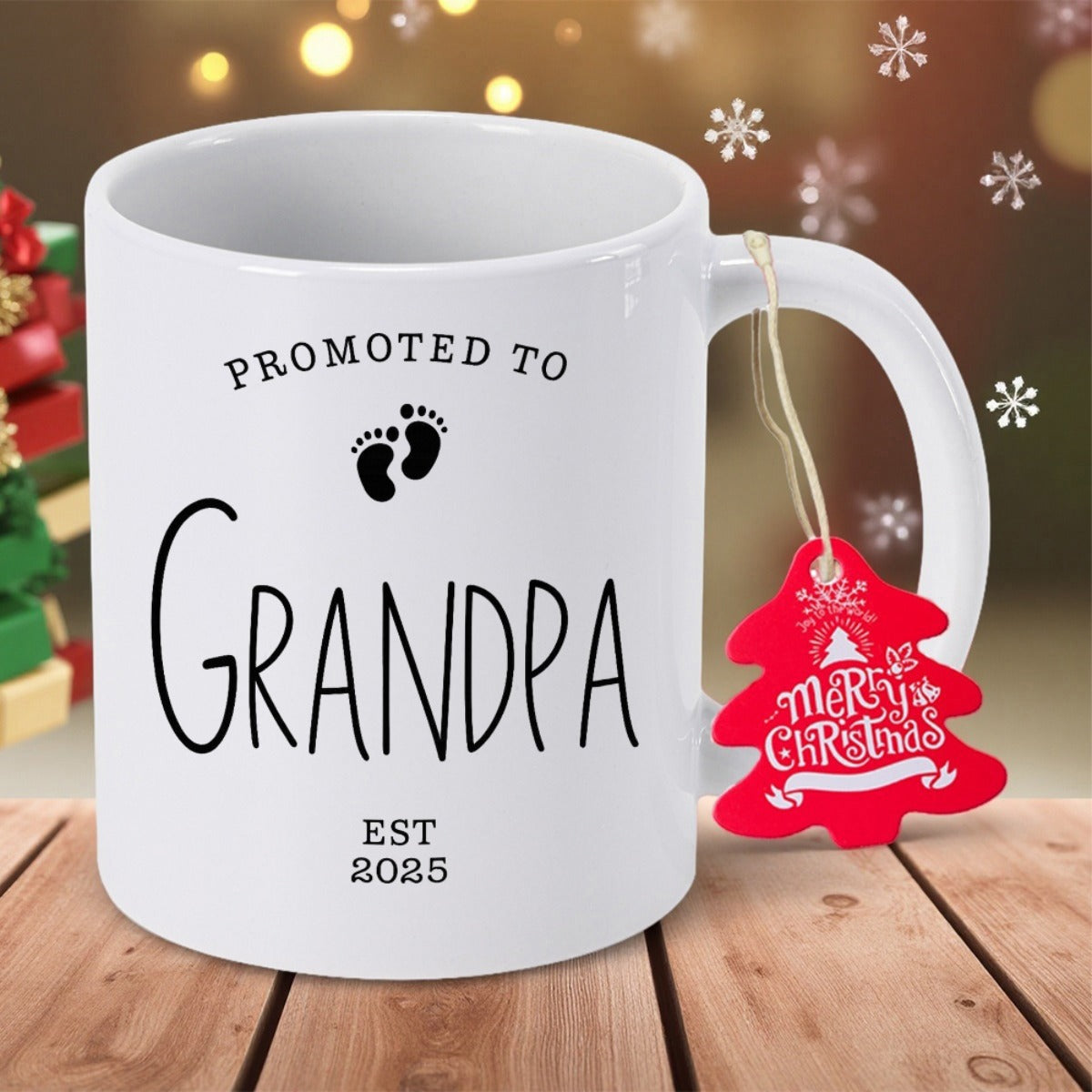 Tailorly White Ceramic 11 oz Mug - Promoted To Grandpa Est 2025 Minimalist Black Ink Style Tiny Baby Footprints Centered On Background Mug