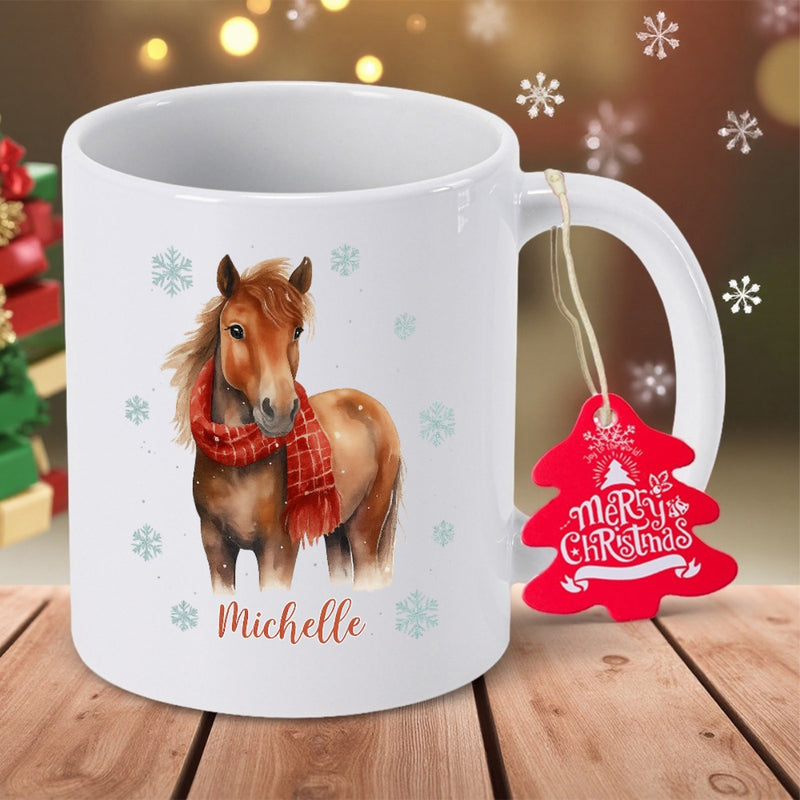 Tailorly White Ceramic 11 oz Mug - Michelle Merry Christmas Watercolor Brown Pony Wearing Red Plaid Scarf Amidst Blue Snowflakes Horse