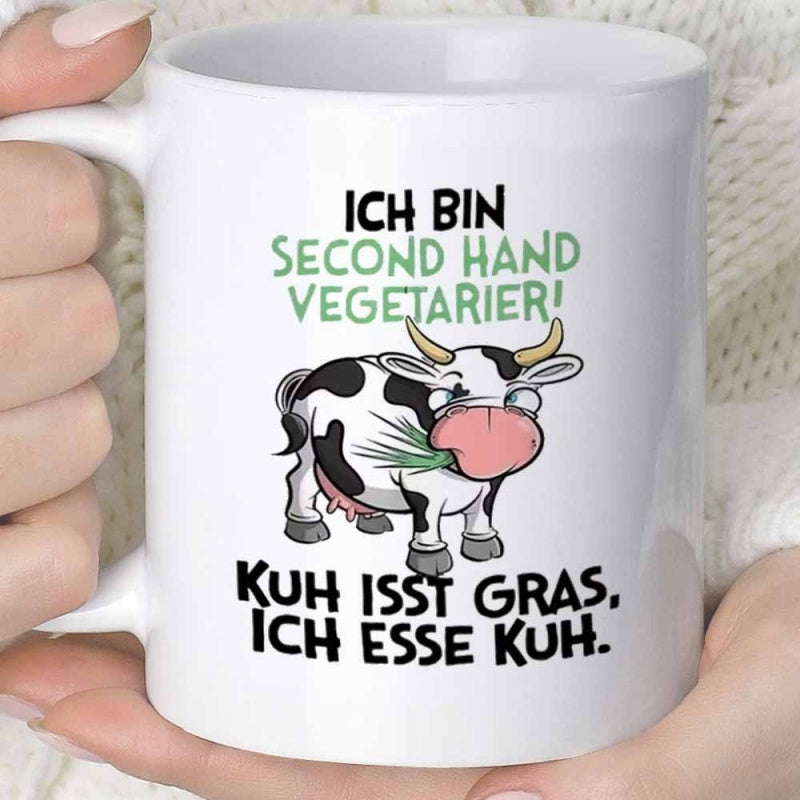 Tailorly White Ceramic 11 oz Mug - Second Hand Playful Spotted Farm Animal Chewing Green Grass In A Minimalist Style Cow