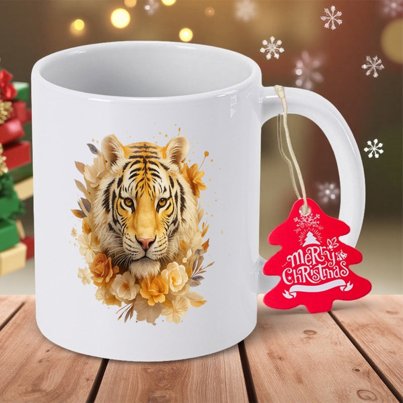 Tailorly White Ceramic 11 oz Mug - Merry Christmas Majestic Watercolor Head Surrounded By Golden Autumn Leaves And Soft Floral Tiger