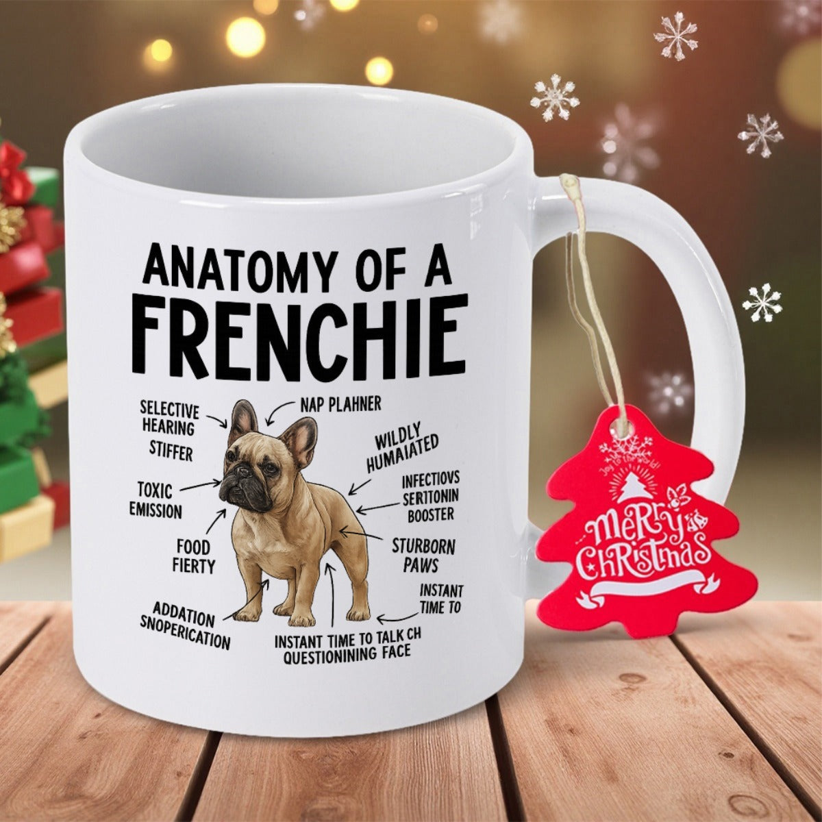 Tailorly White Ceramic 11 oz Mug - Anatomy Of A Frenchie Hand Drawn Cute Bulldog Among Educational Diagram Arrows And Funny Labels French Bulldog