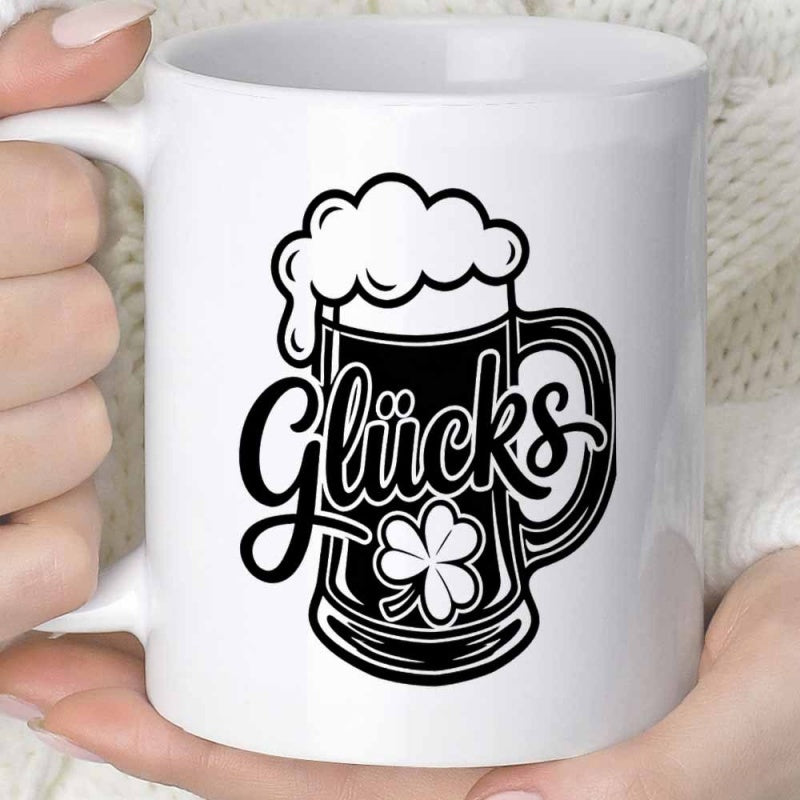 Tailorly White Ceramic 11 oz Mug - Stylized Black And White Foaming Beer Glass Featuring A Small Clover Mug