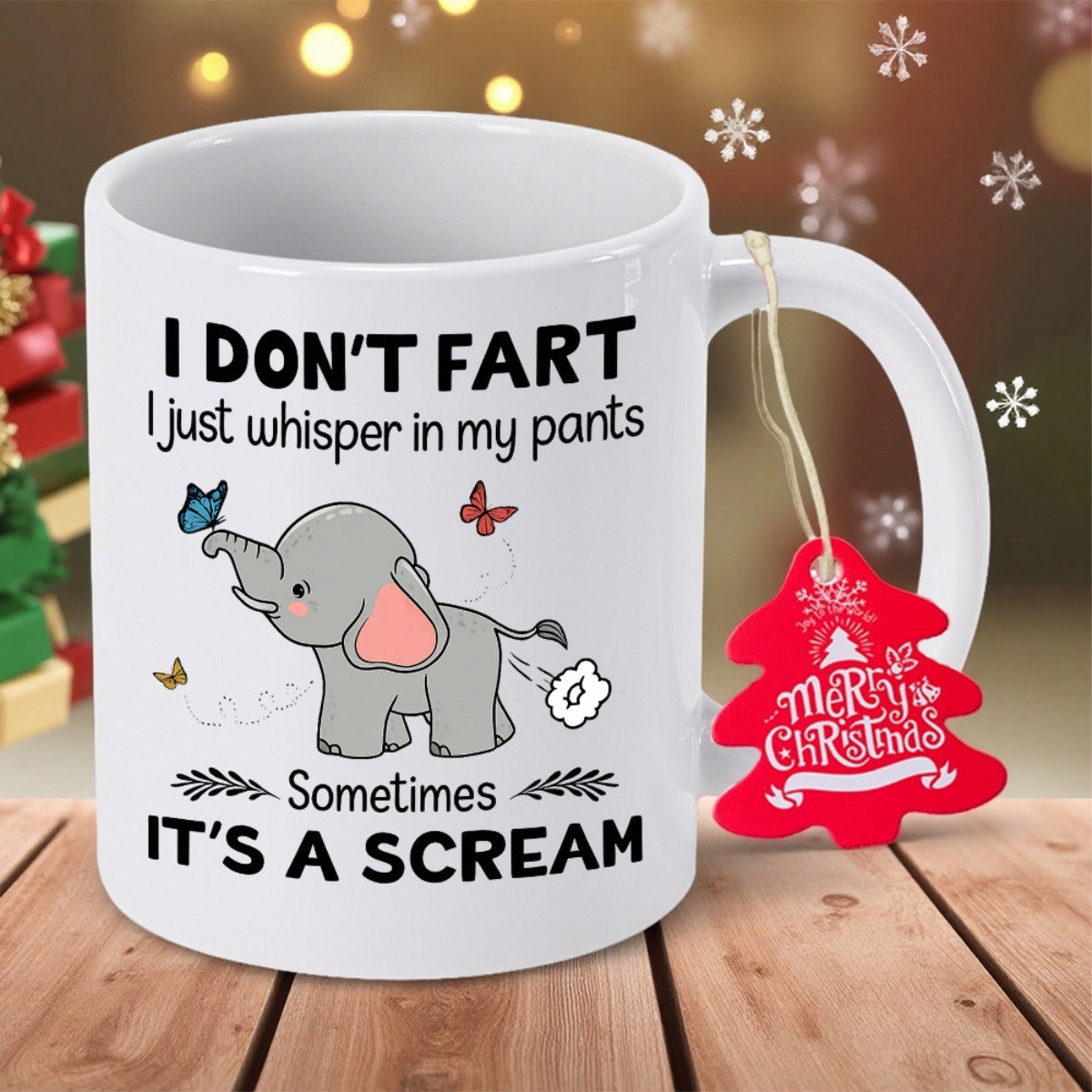 Tailorly White Ceramic 11 oz Mug - I Don't Fart I Just Whisper In My Pants Sometimes It's A Scream Adorable Grey Cartoon Style Playing With Butterflies And Funny