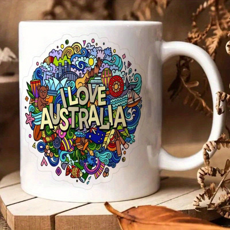 Tailorly White Ceramic 11 oz Mug - I Love Australia Vibrant Colorful Hand Drawn Icons Featuring Landmarks And Native Animals Doodle