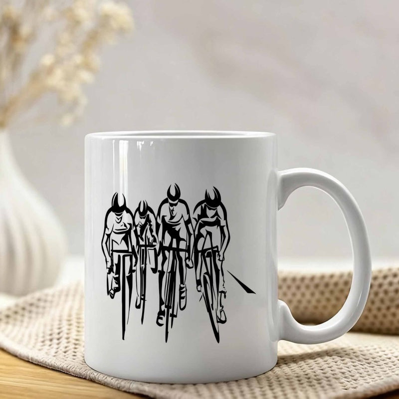 Tailorly White Ceramic 11 oz Mug - Minimalist Black Line Art Of Competitive Racing Team Moving Together Cyclist