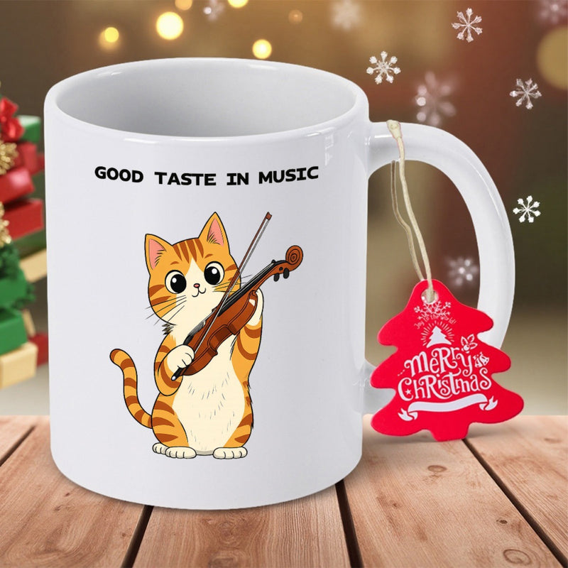Tailorly White Ceramic 11 oz Mug - Good Taste In Music Cute Ginger Tabby Character Playing A Small Classic Musical Violin Cat