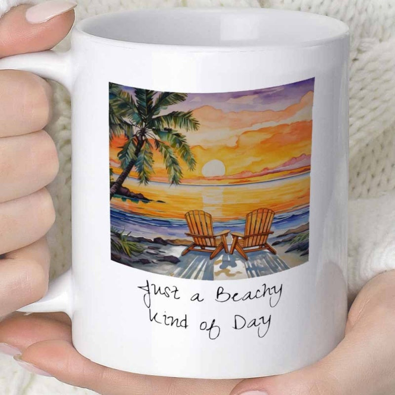 Tailorly White Ceramic 11 oz Mug - Just A Beachy Kind Of Day Watercolor Tropical Shore With Palm Trees And Two Wooden Chairs Sunset