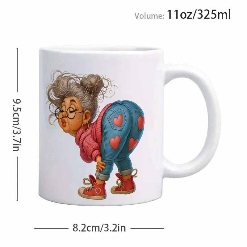 Tailorly White Ceramic 11 oz Mug - Humorous Senior Lady In Pink Sweater And Heart Pattern Jeans Bending Over Character