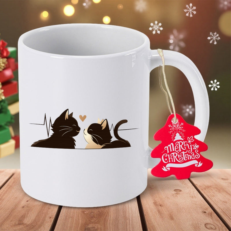 Tailorly White Ceramic 11 oz Mug - Merry Christmas Adorable Cartoon Feline Duo Sharing Love With Minimalist Heartbeat Line Cats