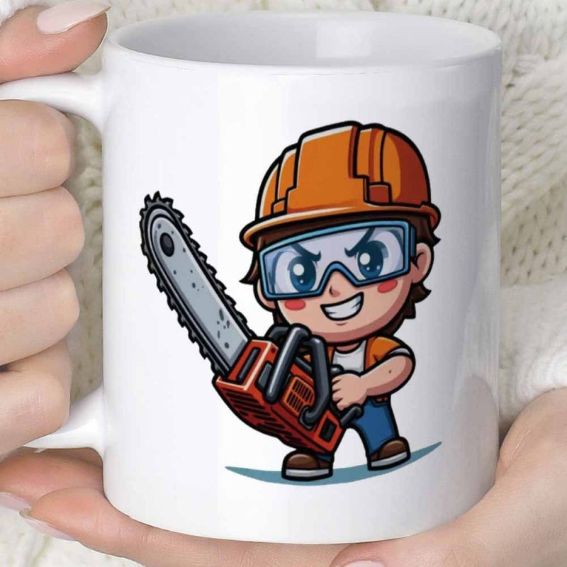 Tailorly White Ceramic 11 oz Mug - Chibi Style Cartoon Construction Worker Holding A Sharp Industrial Power Tool Worker