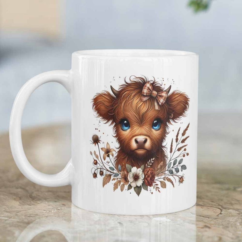 Tailorly White Ceramic 11 oz Mug - Adorable Baby Highland Cow With Plaid Bow Among Delicate Floral Blooms Highland Cow