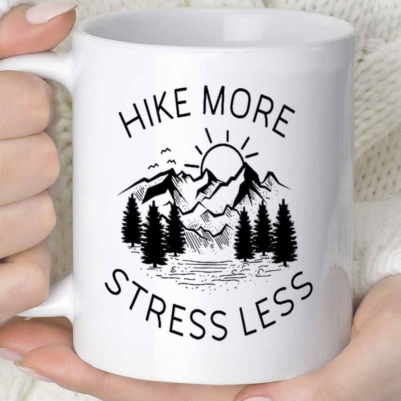 Tailorly White Ceramic 11 oz Mug - Hike More Stress Less Majestic Mountain Range With Rising Sun Over Evergreen Pine Trees Forest Mountain