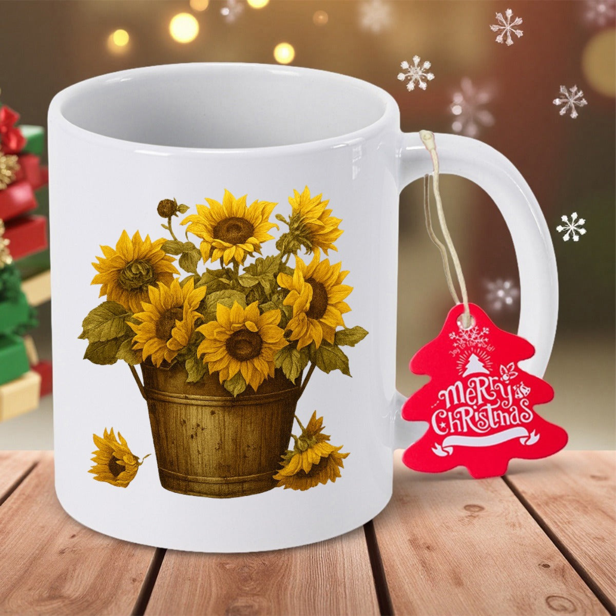 Tailorly White Ceramic 11 oz Mug - Merry Christmas Rustic Wooden Bucket Filled With Blooming Yellow Petals And Green Leaves Sunflower
