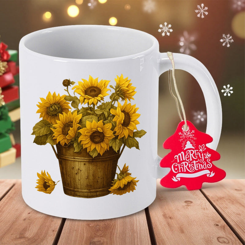 Tailorly White Ceramic 11 oz Mug - Merry Christmas Rustic Wooden Bucket Filled With Blooming Yellow Petals And Green Leaves Sunflower