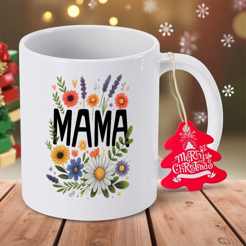 Tailorly White Ceramic 11 oz Mug - Mama Vibrant Colorful Botanical Garden With Blooming Daisies And Sunflowers Flower