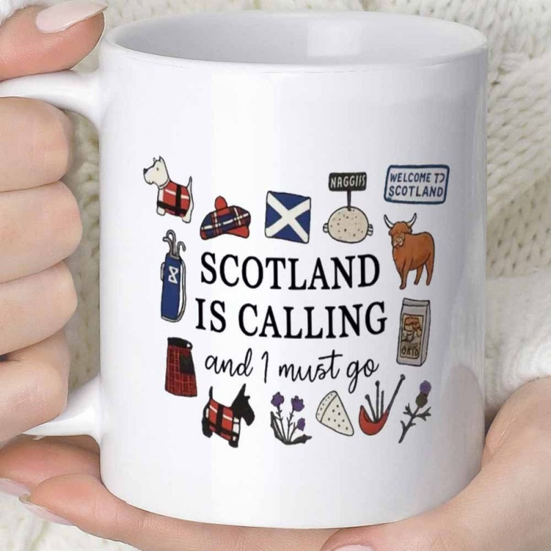 Tailorly White Ceramic 11 oz Mug - Scotland Is Calling And I Must Go Hand Drawn Heritage Icons Featuring Highland Cow And Saltire Scotland