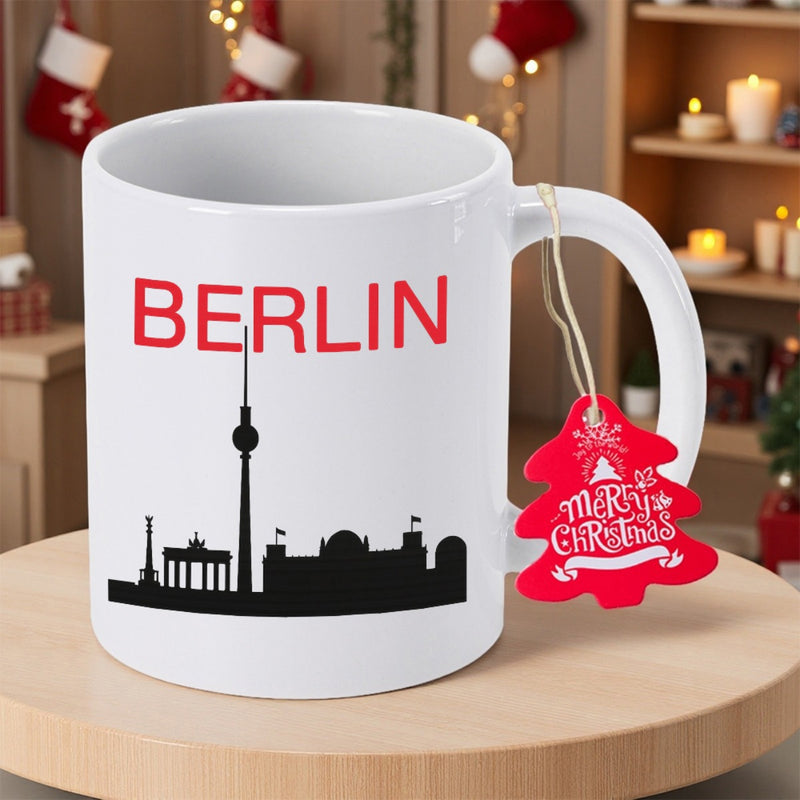 Tailorly White Ceramic 11 oz Mug - Berlin Merry Christmas Silhouette Of Historic Architecture Landmarks Among Cityscape Skyline