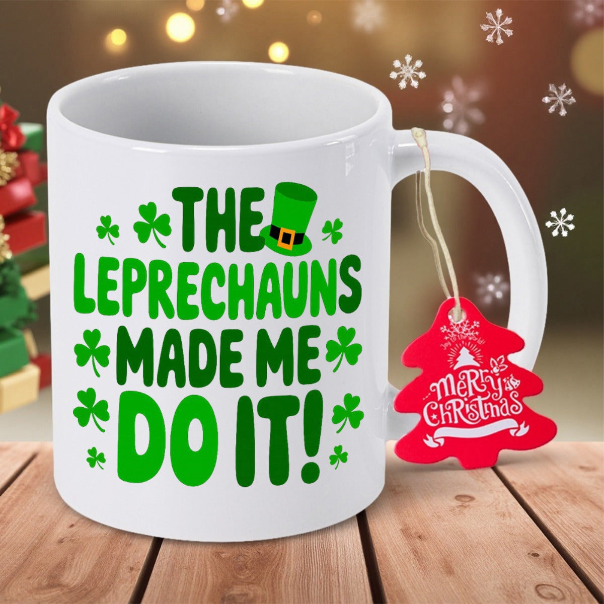 Tailorly White Ceramic 11 oz Mug - The Leprechauns Made Me Do It Green Shamrocks Scattered Around A Festive Holiday Themed Hat