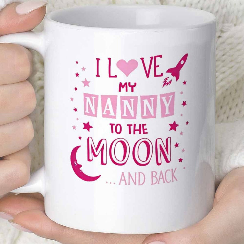 Tailorly White Ceramic 11 oz Mug - I Love My Nanny To The Moon And Back Pink Rocket Soaring Among Whimsical Stars And A Sleeping Crescent Moon
