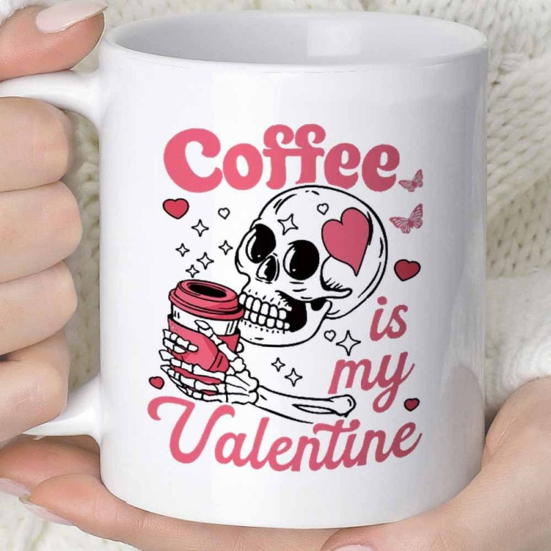 Tailorly White Ceramic 11 oz Mug - Coffee Is My Valentine Cute Skeleton Hand Holding Coffee Cup With Pink Butterflies And Hearts Skull